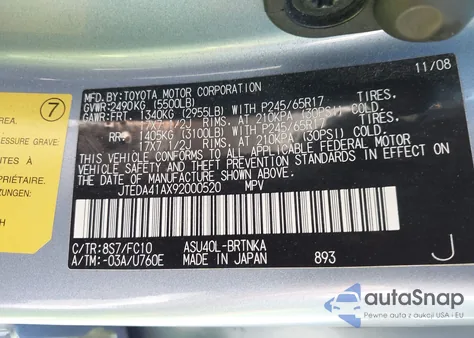 2009 Toyota Highlander z USA, uszkodzony, nr VIN JTEDA41AX92000520